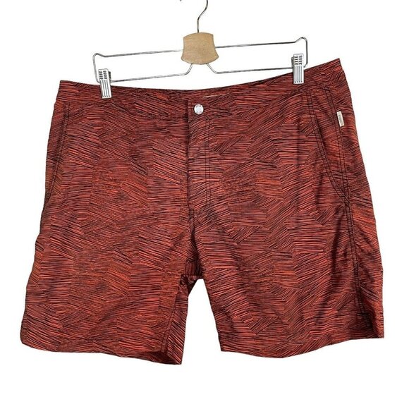 Onia Calder 7.5‎ Board Shorts Men's Size 38 Orange Black Chevron - Picture 1 of 8
